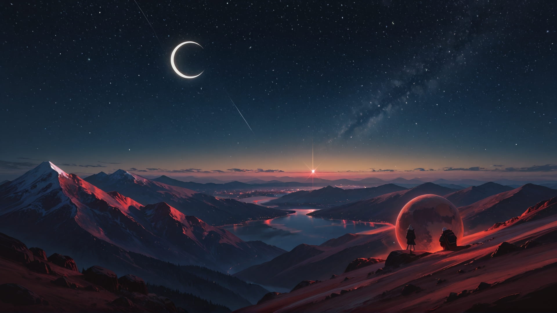 Yellow Night Mountain WaningCrescent smartphone wallpaper free download, vertical 16:9 format, Yellow, Night, Mountain, Summer 001