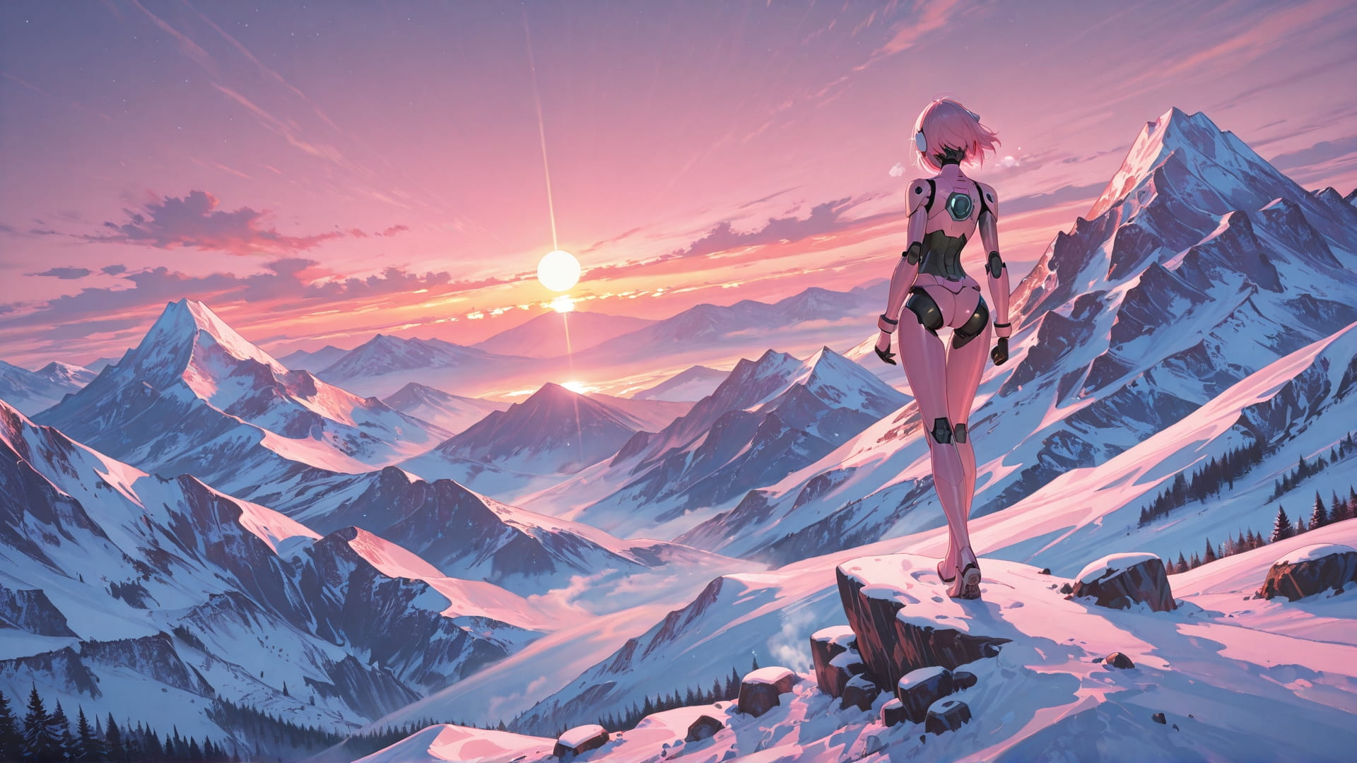 Pink Sunset Mountain Zenith smartphone wallpaper free download, vertical 16:9 format, Pink, Sunset, Mountain, Winter