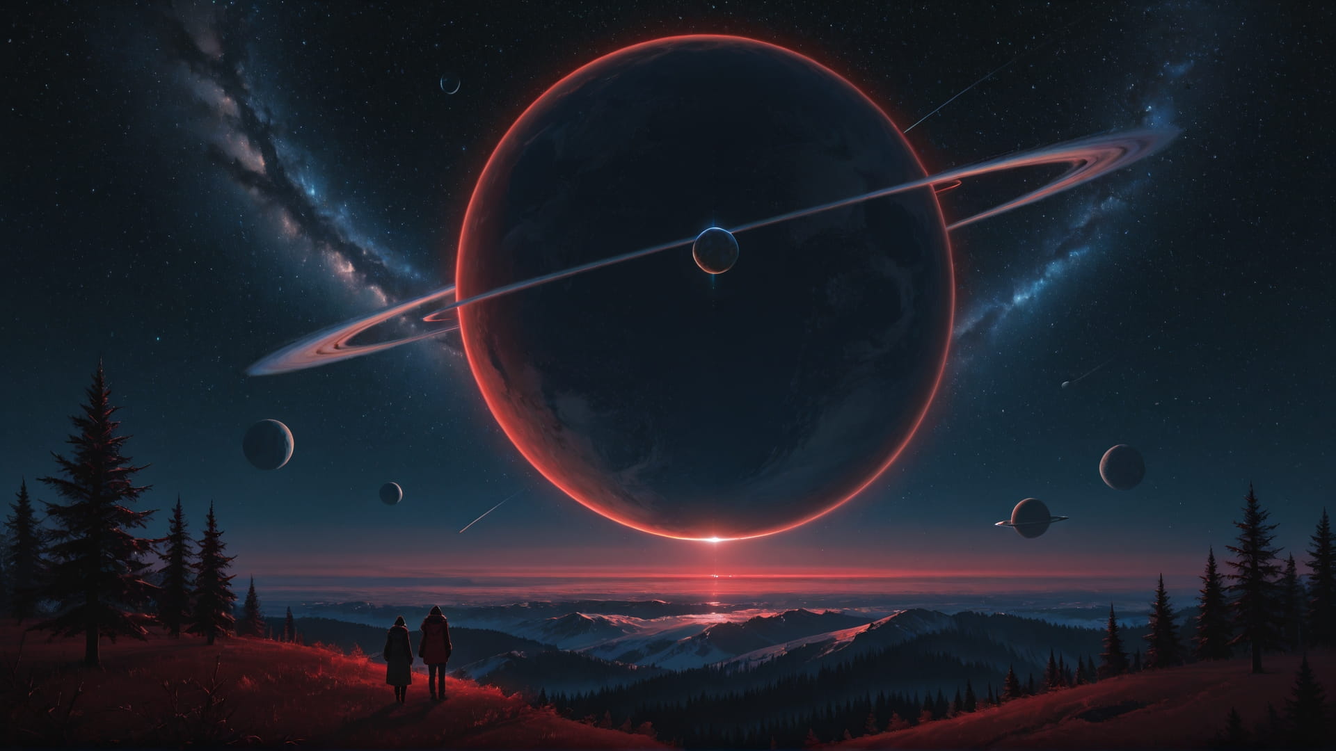 Red Night Nature Zenith smartphone wallpaper free download, vertical 16:9 format, Red, Night, Nature, Winter 001