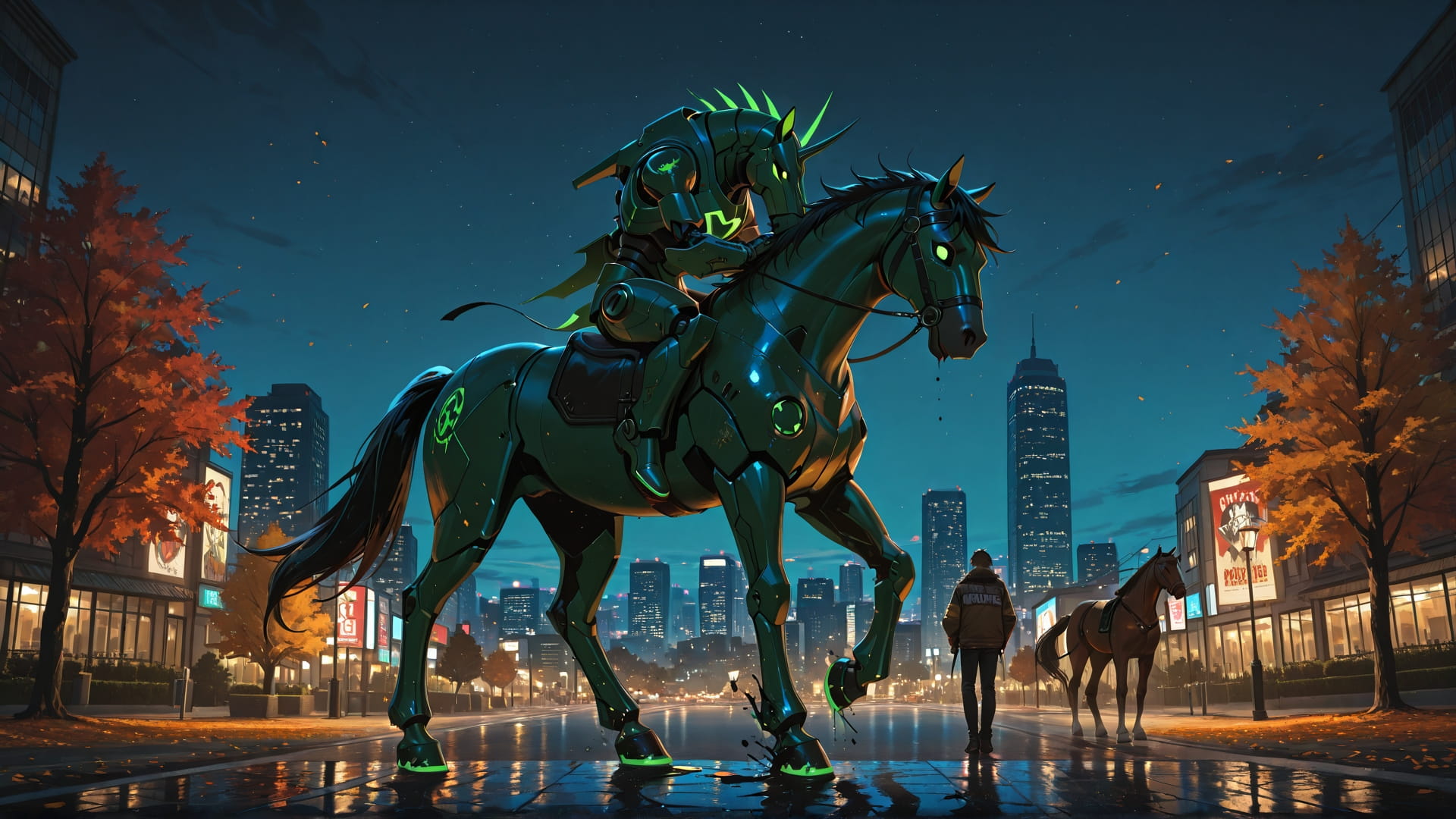 Green Night City Zinegeist smartphone wallpaper free download, vertical 16:9 format, Green, Night, City, Autumn