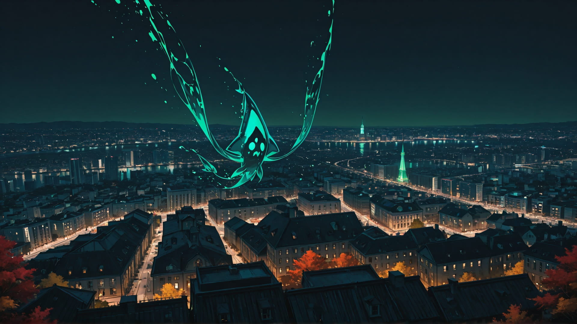 Green Night City Zinegeist smartphone wallpaper free download, vertical 16:9 format, Green, Night, City, Autumn