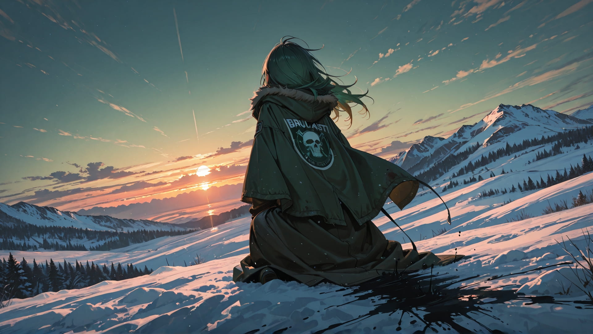 Green Sunset Sky Zinegeist smartphone wallpaper free download, vertical 16:9 format, Green, Sunset, Sky, Winter