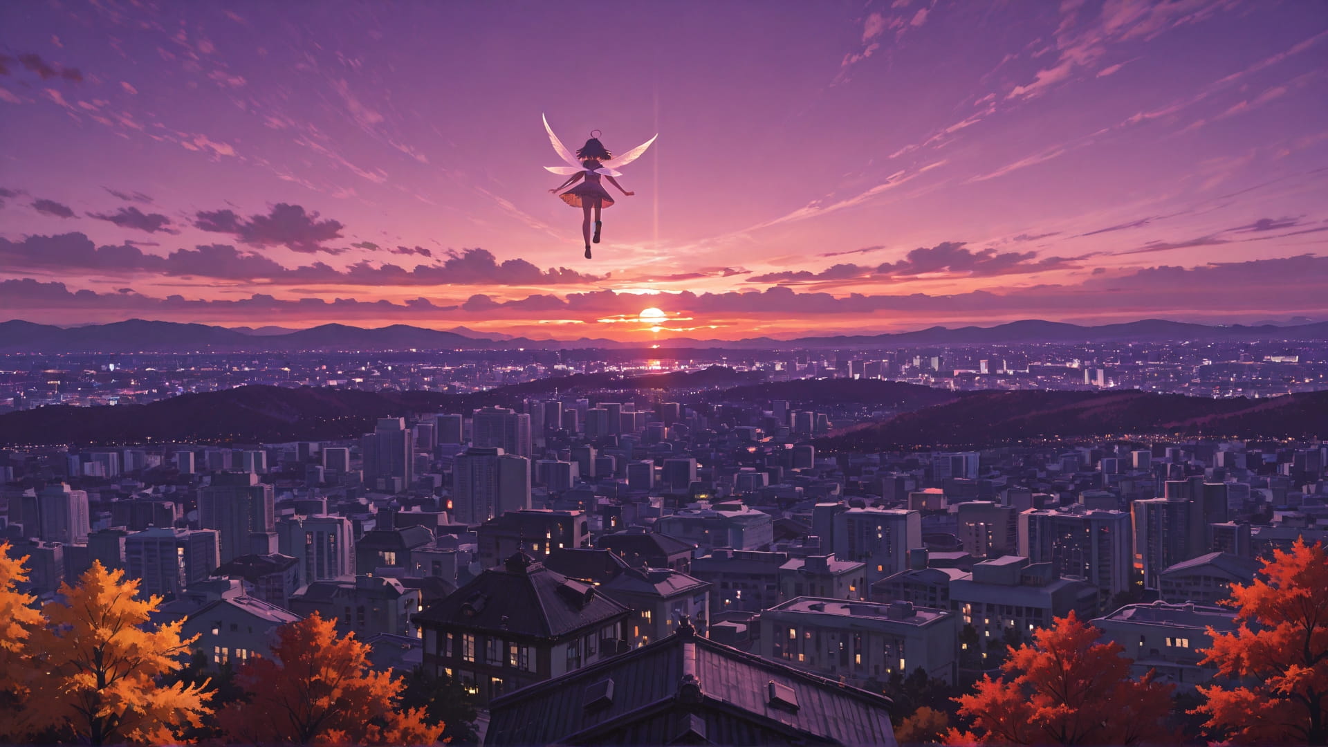 Purple Sunset City Zinegeist smartphone wallpaper free download, vertical 16:9 format, Purple, Sunset, City, Autumn