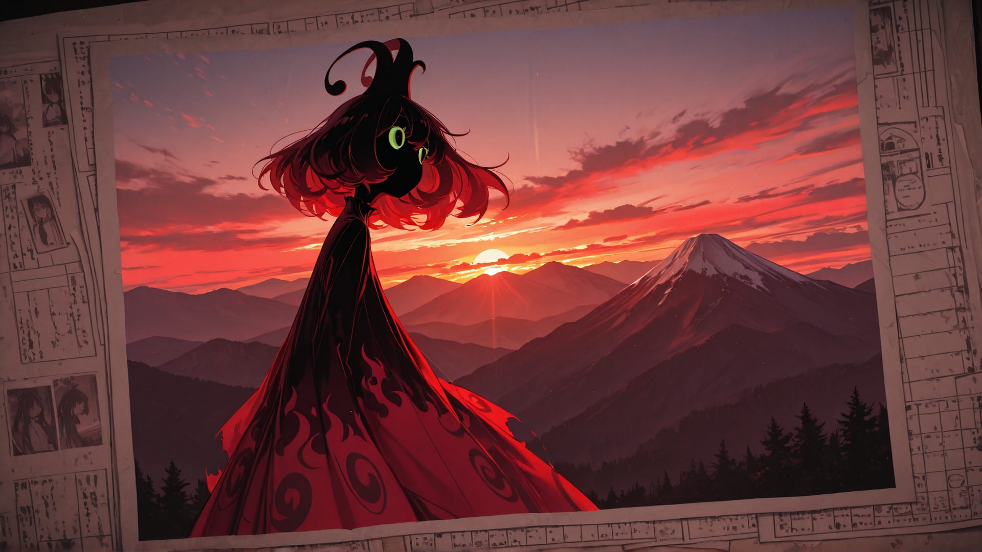 Red Sunset Mountain Zinegeist smartphone wallpaper free download, vertical 16:9 format, Red, Sunset, Mountain, Spring 001