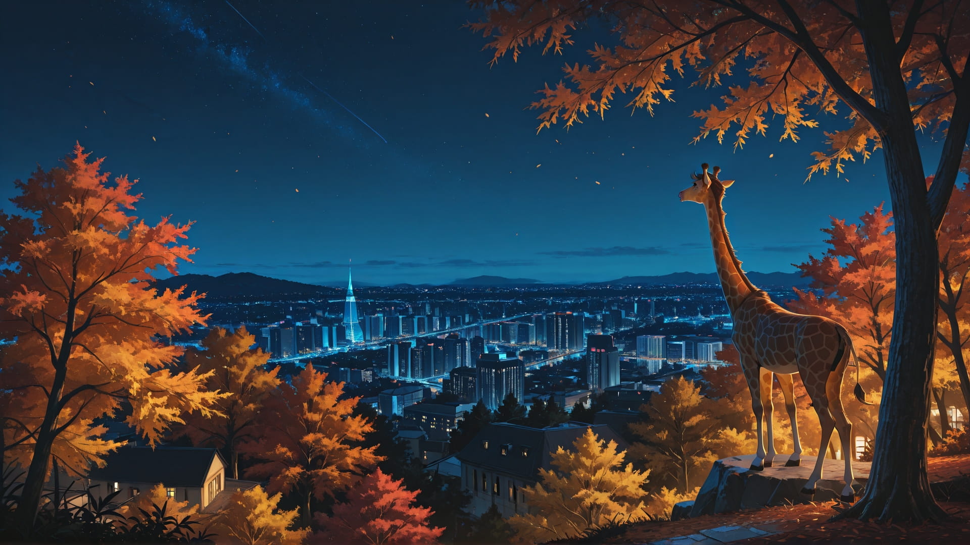 Blue Night City Palm smartphone wallpaper free download, vertical 16:9 format, Blue, Night, City, Autumn