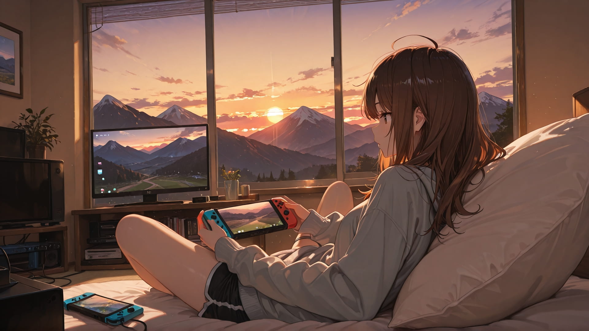 Brown Sunset Mountain Switch2 smartphone wallpaper free download, vertical 16:9 format, Brown, Sunset, Mountain, Spring 001