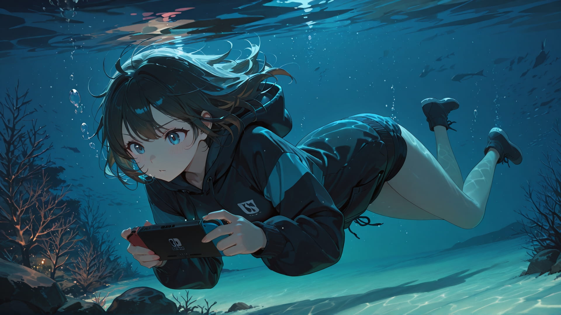 Green Night Sea Switch2 smartphone wallpaper free download, vertical 16:9 format, Green, Night, Sea, Winter 001