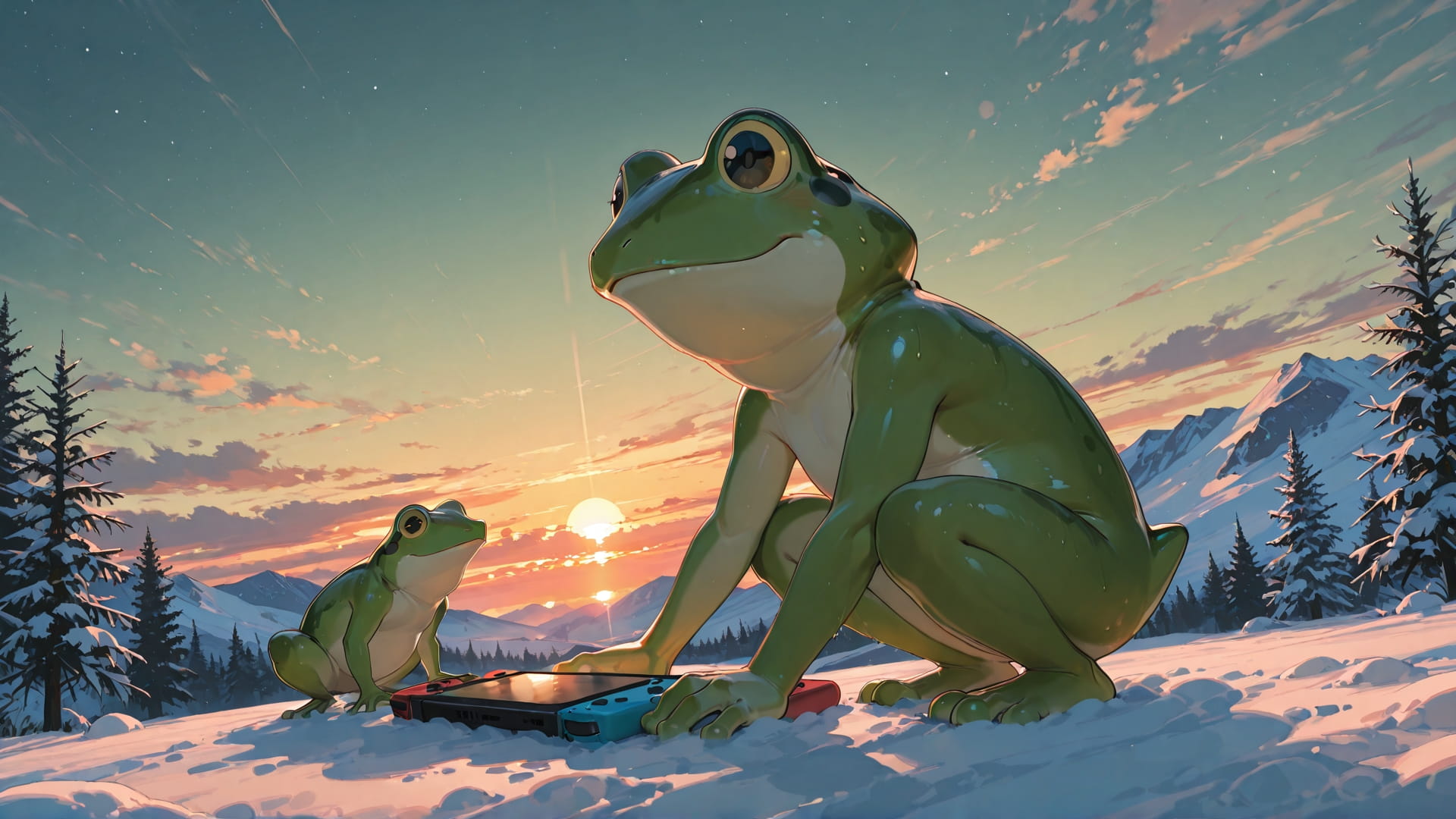 Green Sunset Sky Switch2 smartphone wallpaper free download, vertical 16:9 format, Green, Sunset, Sky, Winter