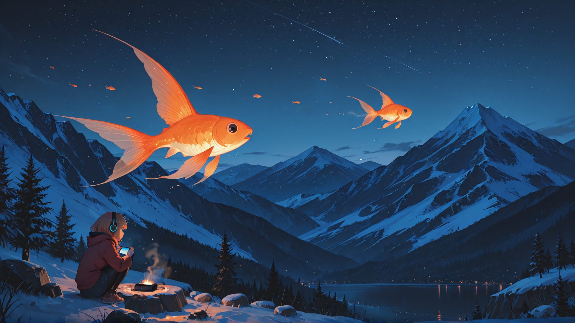 Orange Night Mountain Switch2 smartphone wallpaper free download, vertical 16:9 format, Orange, Night, Mountain, Winter