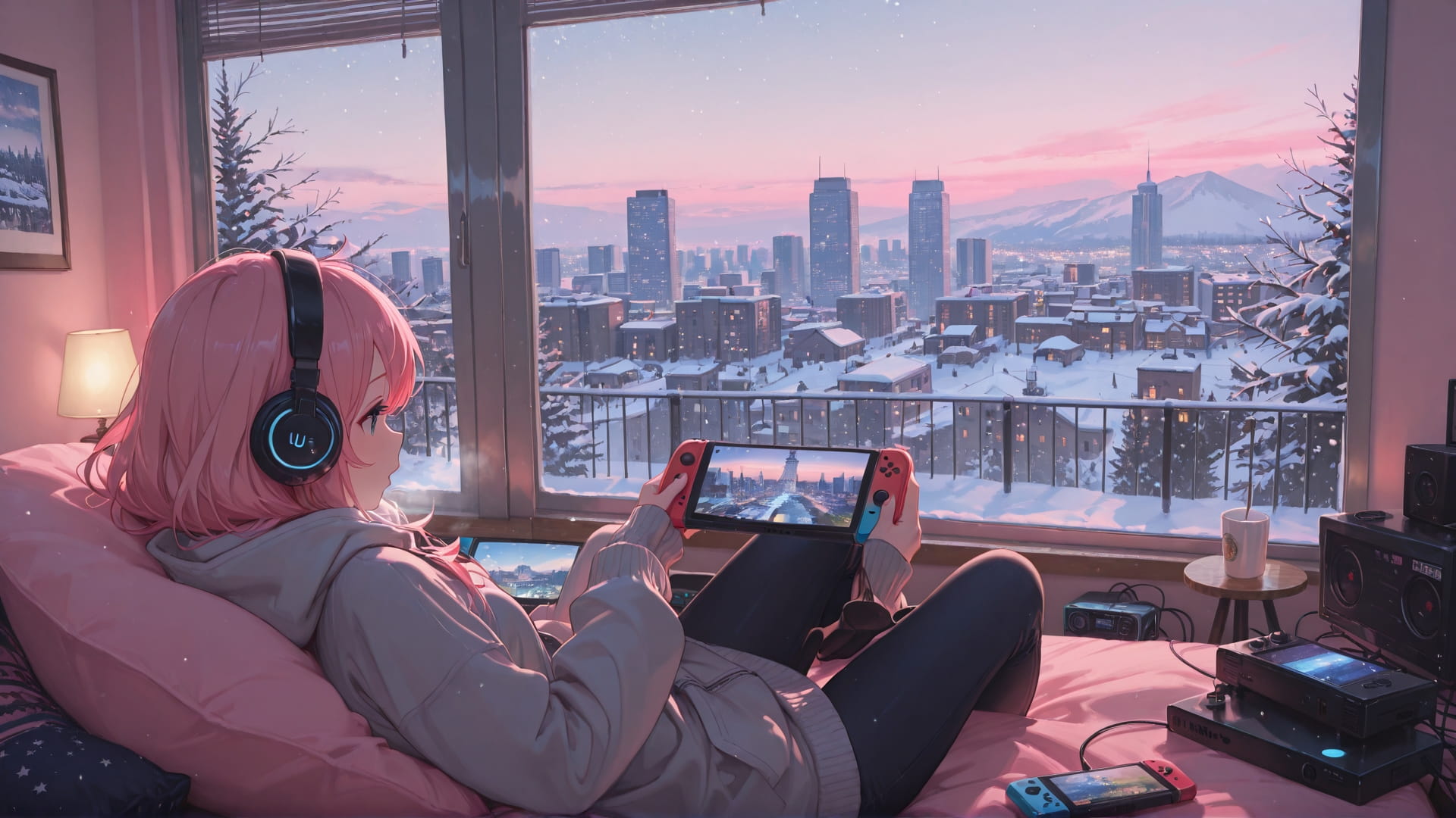 Pink Afternoon City Switch2 smartphone wallpaper free download, vertical 16:9 format, Pink, Afternoon, City, Winter