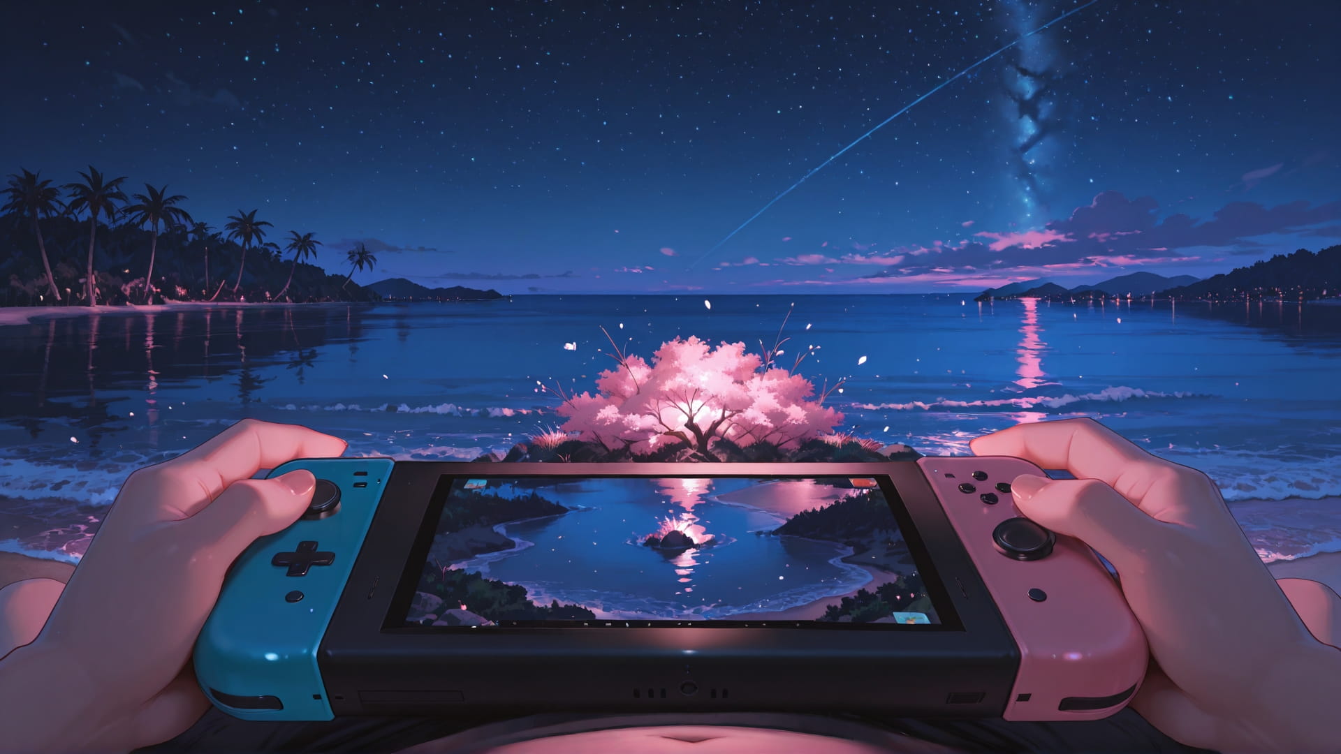 Pink Night Sea Switch2 smartphone wallpaper free download, vertical 16:9 format, Pink, Night, Sea, Spring 001