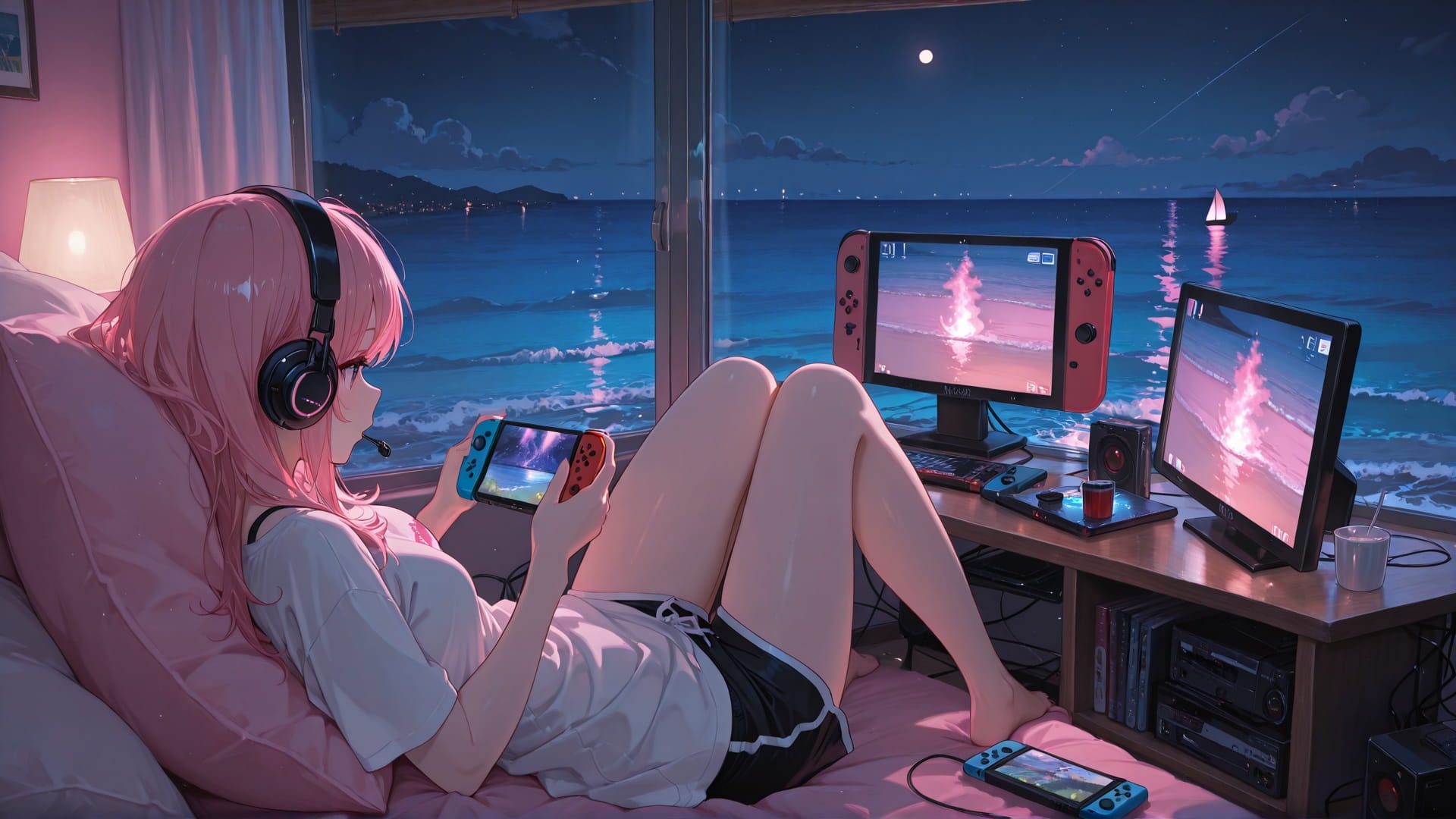 Pink Night Sea Switch2 smartphone wallpaper free download, vertical 16:9 format, Pink, Night, Sea, Summer