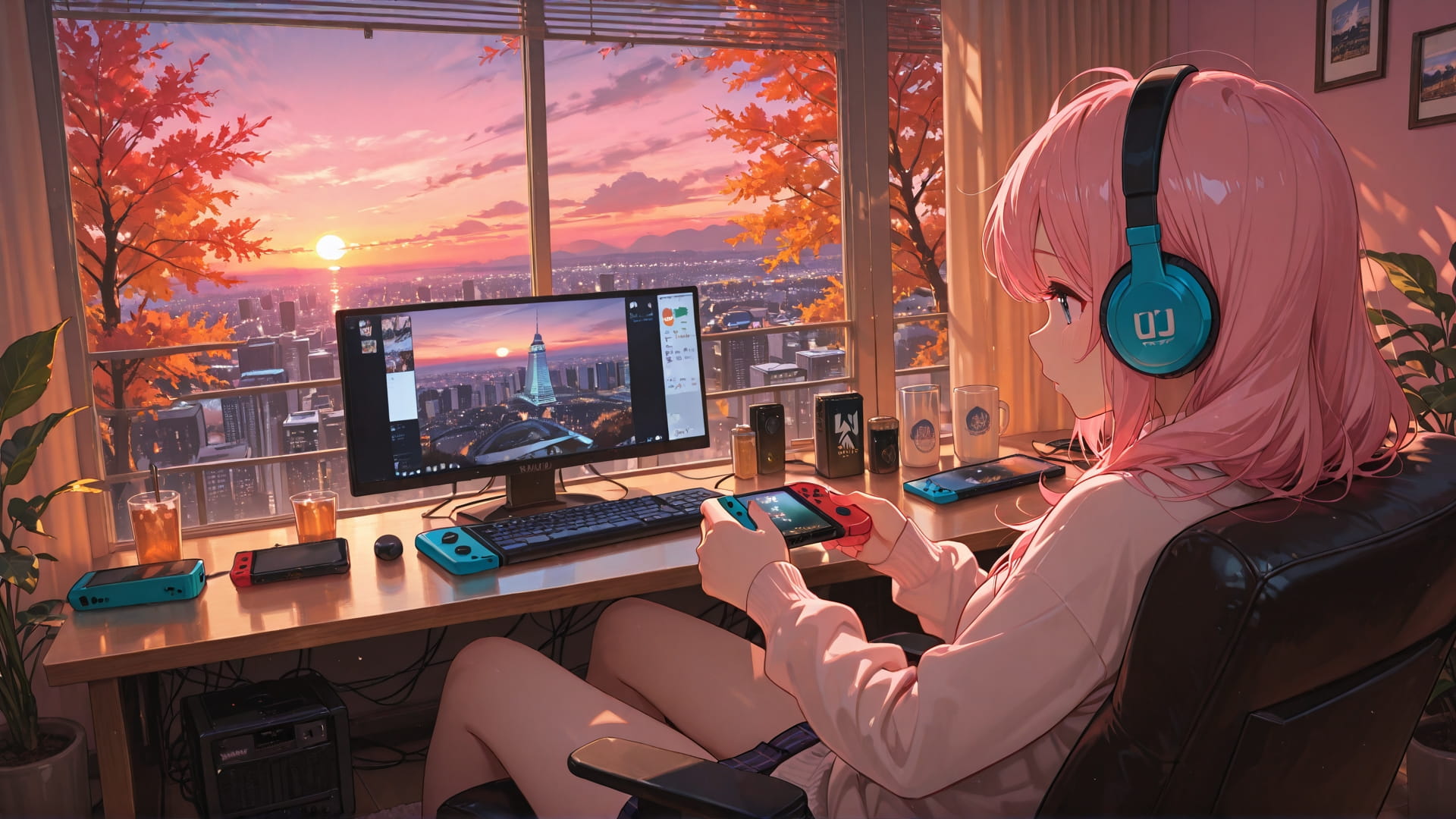 Pink Sunset City Switch2 smartphone wallpaper free download, vertical 16:9 format, Pink, Sunset, City, Autumn 001