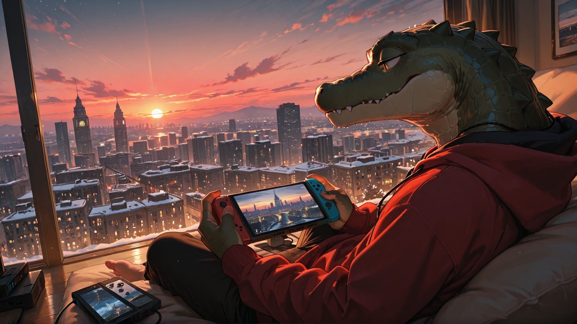 Red Sunset City Switch2 smartphone wallpaper free download, vertical 16:9 format, Red, Sunset, City, Winter