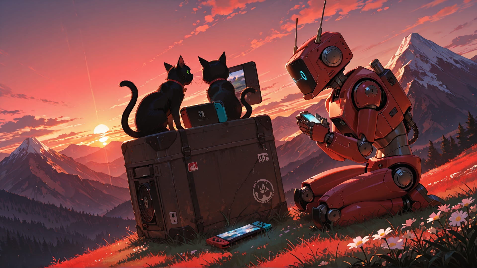 Red Sunset Mountain Switch2 smartphone wallpaper free download, vertical 16:9 format, Red, Sunset, Mountain, Spring